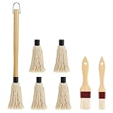 SWJLR 18.3' Removable Rubberwood Long Handle BBQ Mop 4 Pcs Pure Cotton Replacement Brush Heads 2 Pcs Food Grade Bristle BBQ Brush for Sauce Suitable for Grilling and Smoking Steaks