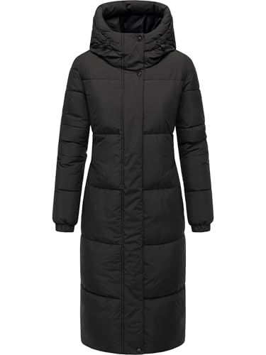 Navahoo Damen langer Wintermantel warmer Steppmantel mit 2-Wege-Reißverschluss und verstellbarer Kapuze Taublüte XIV Black Gr. S