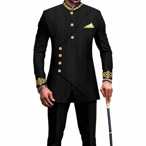 Image of Ourmoon Dashiki Suit Set for Men Traditional African Shirt and Trousers Outfit Formal Suit Fashion Tracksuit Ethnic Suit(Black,2X-Large)