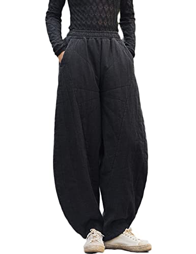 NFYM Women Quilted Pants Winter Warm Thick Cotton Linen Casual Wide Leg Elastic Waist Pocket Lantern Trousers