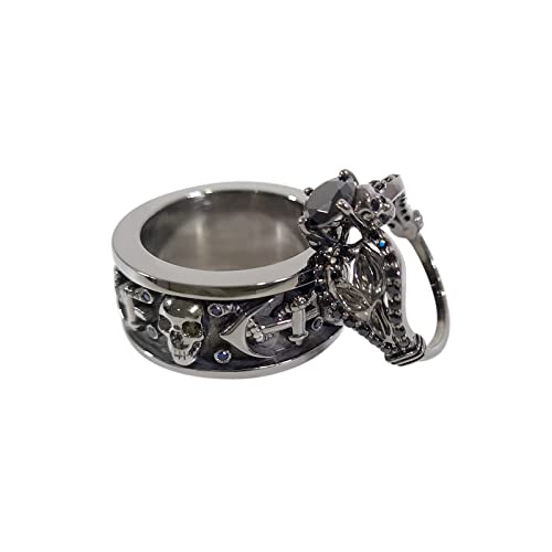 Anchor Skull Wedding Ring Band Set His and Her Matching Skull Rings Couple Gun Metal Finish 925 Sterling Silver, Blue,Black (DFJS18)