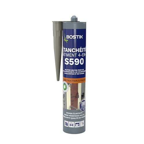 Bostik S590 – Mastic d'Étanchéité Bâtiment 4 en 1 – Intérieur et Extérieur – Joints De Calfeutrement, Dilatation, Façade Et Vitrage – Couleur : Pierre - Cartouche 300 ml