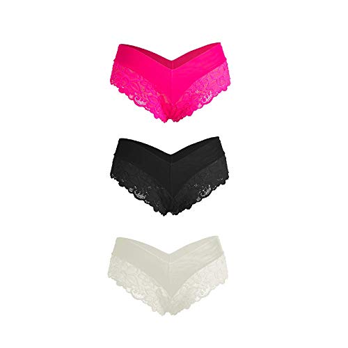 Besame Women Sexy Lingerie Cheeky Lace Hipster Panties Underwear Pack of 3 Black Ivory Fucsia (XXXL)