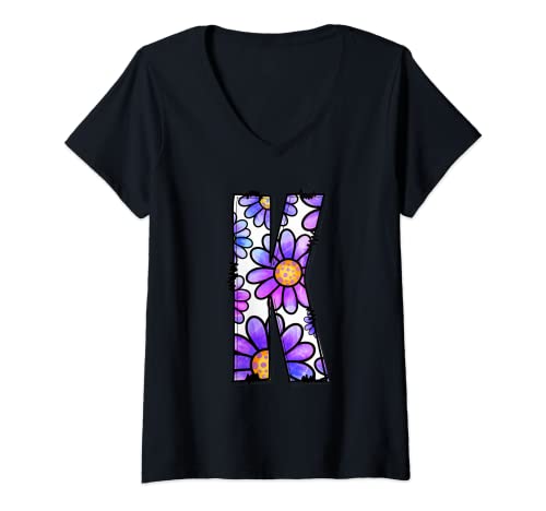 Mujer Monograma de letra K con letra K retro Groovy Flower Power Y2K Camiseta Cuello V