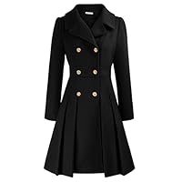 GRACE KARIN Women's Double-Breasted A Line Coat Puffed Sleeve Long Trench Coat Outwear for Winter Black A-Line Peacoat L