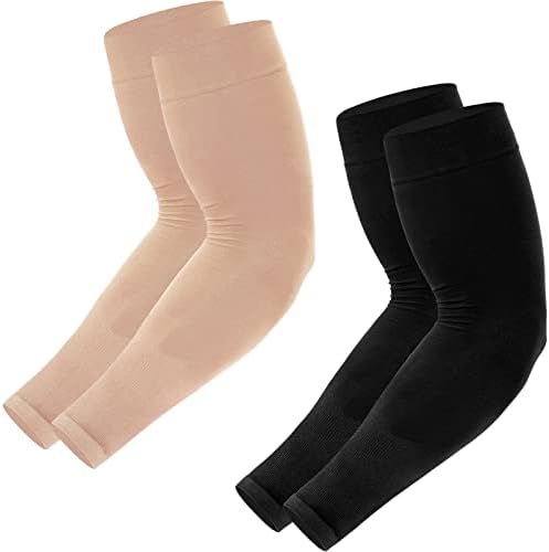 Newbyinn UV Sun Protection Arm Sleeves for Men Women Youth, Cooling Sleeve to Cover Arm Tattoo, Mid-Compression Arm Cover, 2 Pairs: Black + Beige, M