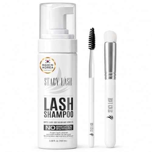 STACY LASH Eyelash Extension Shampoo + Brush / 3.38 fl.oz / 100ml / Eyelid Foaming Cleanser/Wash for Extensions & Natural Lashes/Safe Makeup Remover/Supplies for Professional & Home Use