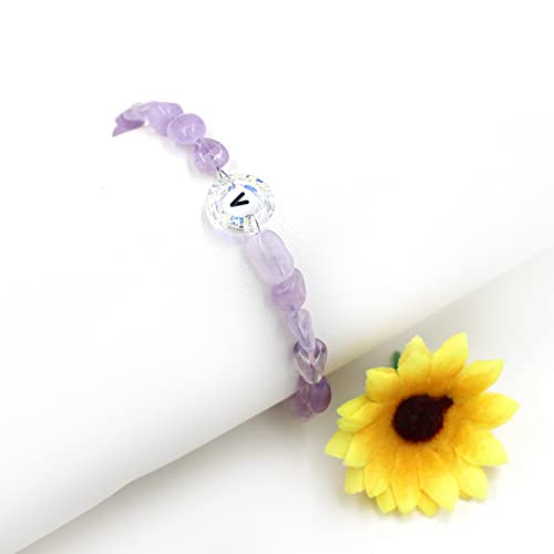 Image of Uloveido Purple Natural Stone and Austrian Crystal Letter Bracelet, Personalized Initial Jewelry for Women A-Z 26 Letters