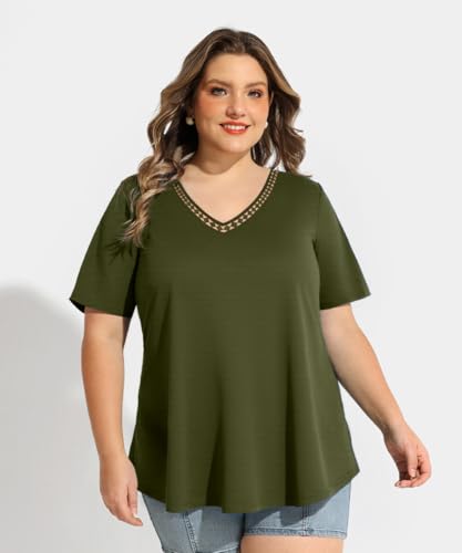 Image of RITERA Women Plus Size Tops Tie Dye V Neck Shirt Floral Camo Summer Short Sleeve Tunic Oversized Ladies Blouse XL-5XL