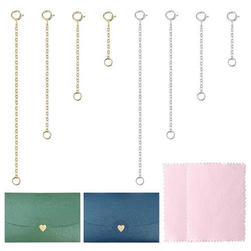 ZBHDEYG 8 Cadenas De Extensión, 2 Sobres Pequeños, 2 Paños De Limpieza, Cadenas De Extensión Ajustables, Cadenas De Cola De Joyería, Pulseras De Bricolaje, Accesorios De Joyería