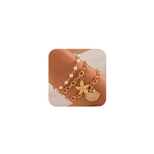Boho Gold Starfish Sea Shell Pearl Bracelets for Women Trendy, Statement SeaShell Star Beachy Chain Bracelet Beach Ocean Party Holiday Jewelry Gifts