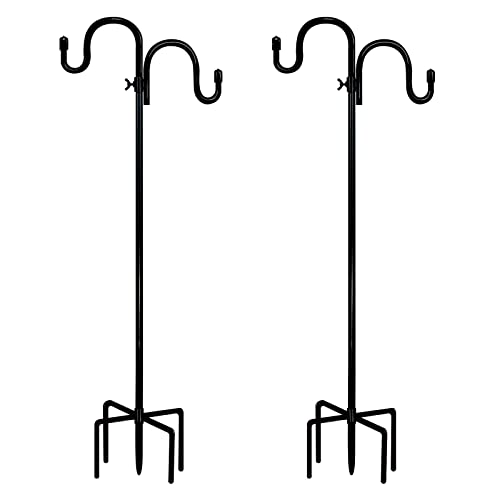 Double Shepherds Hooks for Outdoor 65 inch Heavy Duty Two Sided Garden Pole for Hanging Bird Feeder Plant Baskets Solar Light Lanterns Wedding Decor with 5 Prongs Base Adjustable Height(2-Packs)