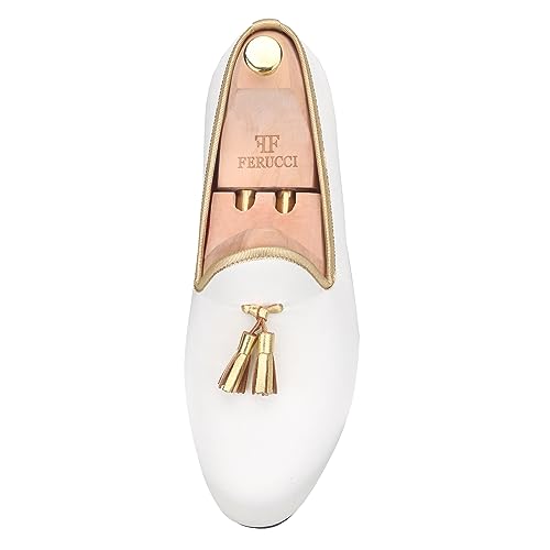 FERUCCI Handmade White Men Velvet Slippers Loafers with Gold Tassel4