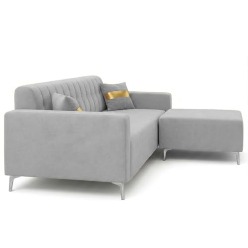 Image of FURNY Regan 4 Seater L Shape Sofa Set with Movable Ottoman | Flexible Left or Right Layout | Plush Velvet Fabric (Light Grey) | Perfect for Living Room, Guest Room & Office