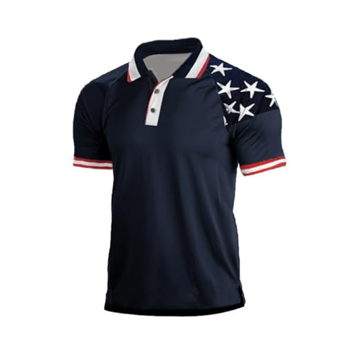 H HYFOL Short Sleeve Polo Shirts for Men Star Patchwork Graphic Stretch Casual American Patriotic Raglan Golf Polos for Men