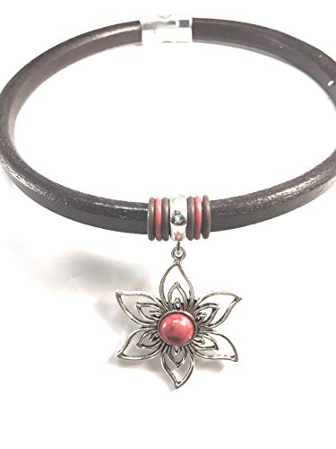 Tibetan Red and Silvertone Flower Dark Brown Leather Choker