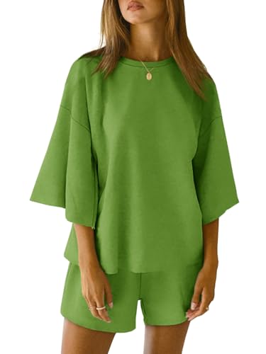 Image of Tankaneo Womens Pajama Sets 3 /4 Sleeve Oversized Tops & Loose Fit Shorts Lounge Set with Pockets Loungewear