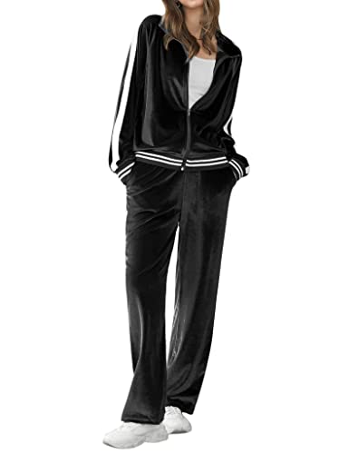 Ekouaer Chándal de terciopelo para mujer, 2 piezas, sudadera con cremallera y pantalones deportivos con bolsillos, tallas S-3XL, Negro -, Large