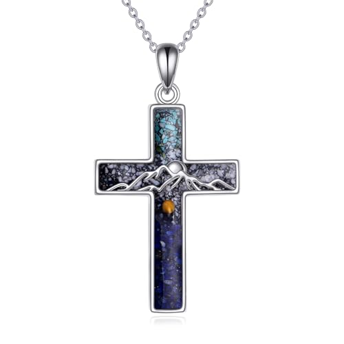YFN Cross Necklace Sterling Silver Mountain and Ocean Pendant Religious Jewelry Gifts for Women Men