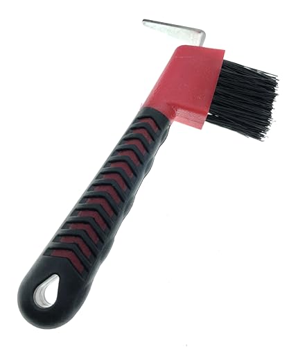 Image of Horse Hoof Pick with Brush - Non-Slip Ergonomic Handle, Heavy-Duty Steel Pick & Stiff Bristles - Removes Dirt, Mud & Rocks - Horse Grooming Tool for Daily Hoof Care (Red)