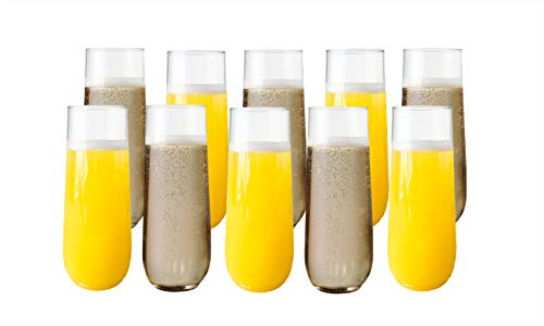 Set Of 10 Classic Flute Champagne Stemless Glasses (10 Ounce) - Toasting Sparkling Wine / Wedding Flutes #TOP4