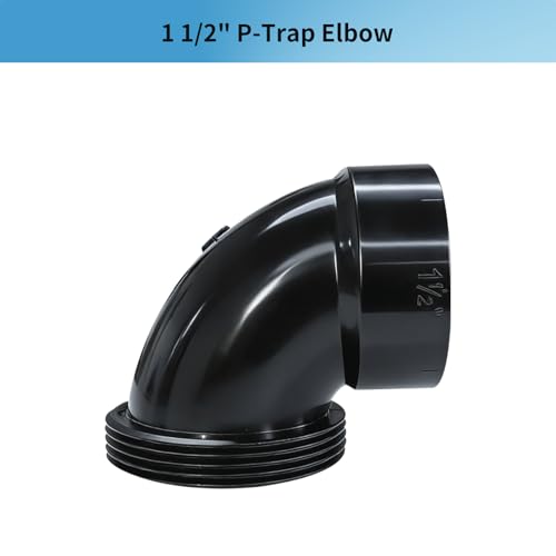 Image of LESSO ABS Adjustable P Trap 1 1 /2 Inch, for RV Drain Bathroom Kitchen Sink | Drain Pipe, Tubular Kit, White Threaded Adapter Ring, DWV Black (HUB x SJ)