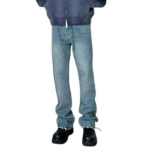 Jeans Pants Trouser Denim Trendy Street Retro Washed Blue Fringed Micro Flared Casual Straight Leg Commuting for Men
