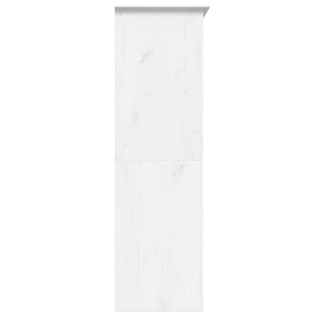 Szafa na ubrania BODO biała z litego drewna sosnowego, 146 x 53,5 x 173 cm, z 3 drzwiczkami, metalowe uchwyty, miejsce do przechowywania ubrań, butów, kurtek, koszul w stylu francuskim