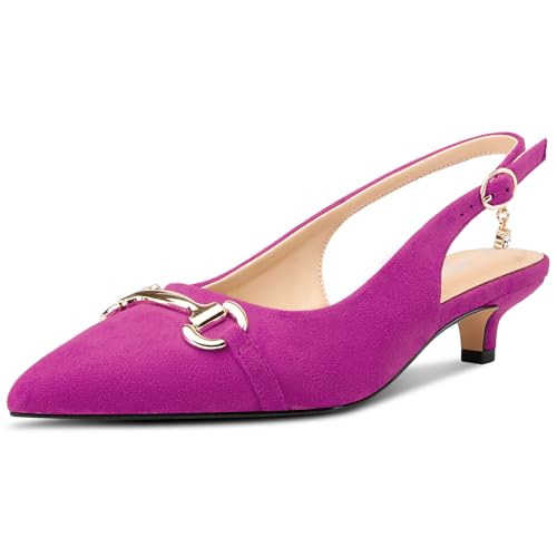 HDEUOLM Femmes Bas Kitten Talon Heel Pointu Bout Escarpins Slingback Boucle Mariage Dress 3.5 CM Heels Fuchsia 37 EU
