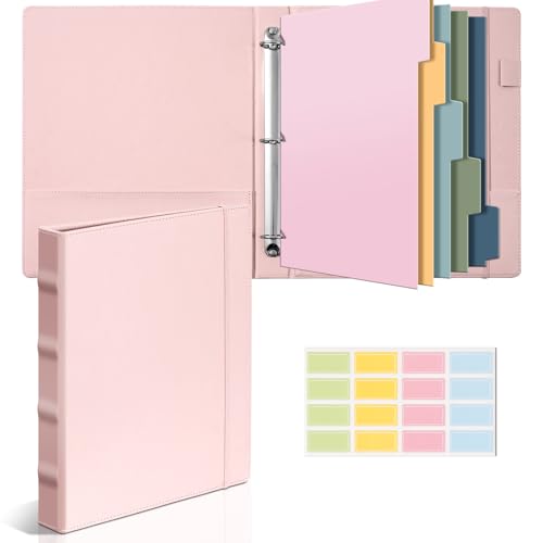 Pink 3 Ring 1 inch PU Leather Professional Binder Organizer with Dividers Suitable for 8.5 x 11 Letter Size Paper Cute Loose Leaf Binder with Pocket for School Work