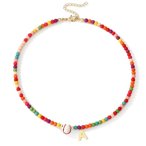 Miss Chipmunk Baseball Necklace Colorful Beaded Initial Necklace Gifts for Women Sport Accessories Letter Pendant Birthday Jewelry Gifts(Letter A)