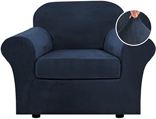 H.VERSAILTEX Rich Velvet Stretch 2 Piece Chair Cover Chair Slipcover Sofa Cover Furniture Protector Couch Soft with Elastic Bottom Chair Couch Cover with Arms, Machine Washable(Chair,Navy)