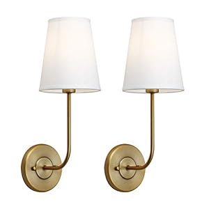 Pathson Set of 2 Hardwired Wall Sconces White Fabric Shade, Vintage Bathroom Wall Light Fixtures Decor for Bedroom Living Room, Brass Finish Sconces (Antique Brass)