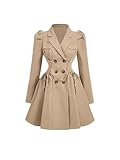 SOLY HUX Women's Trench Coat Lapel Double Breasted Puff Long Sleeve A Line Jacket Outerwear Pure Khaki Large