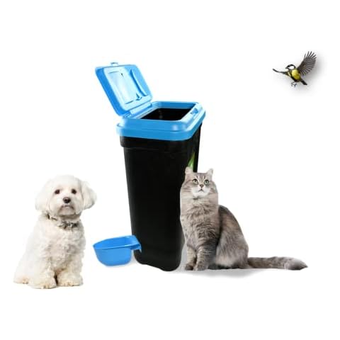 Livingshire Air Tight Pet Food Storage Container | 30L Flip-Up Lid with Scoop | Dog, Cat & Bird Dry Food Seed Storage Bin Box | (Blue Lid Black Bin) Cover