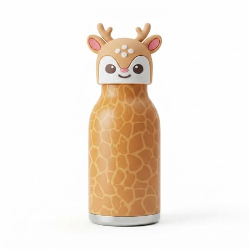 Image of JOUET Kids Stainless Steel Water Bottle 280ml with Cute Giraffe Character Lid, Yellow Leakproof Drinking Bottle for School, Travel & Daily Use