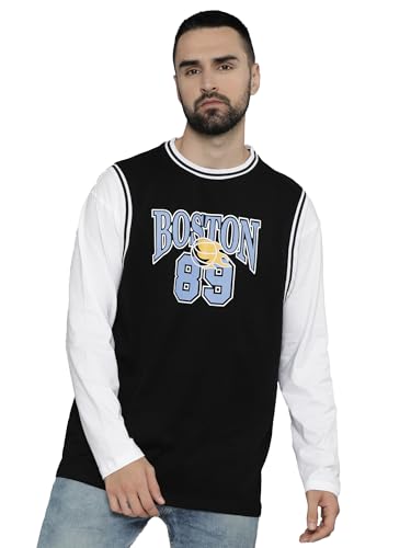 Image of Maniac Mens Solid Round Neck Half Sleeve Black and White Cotton Oversized T-Shirt