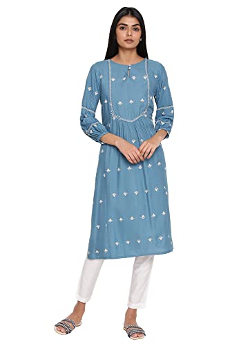 Image of W for Woman Women's Viscose Straight Fit Adriatic Straight Kurta with Gather Details