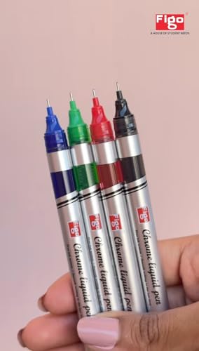 Image of Figo Chrome Liquid Roller Pen - 0.6mm Fine Pipe Tip, Smooth Writing, Quick Dry Ink - Pack of 10 Blue Ink Pens for Office, School & Home