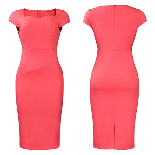 Women's Peplum Bodycon Dress Sexy Sweetheart Neck Short Sleeve Office Work Midi Pencil Dress Pink3