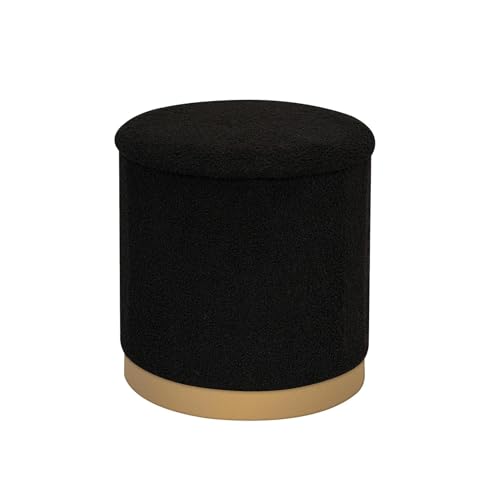 B FSOBEIIALEO Ottoman with Stroage Round Boucle Storage Ottoman with Gold Plating Base Foot Rest Stool for Dorm Room Living Room Black 14.76x14.76x16.34
