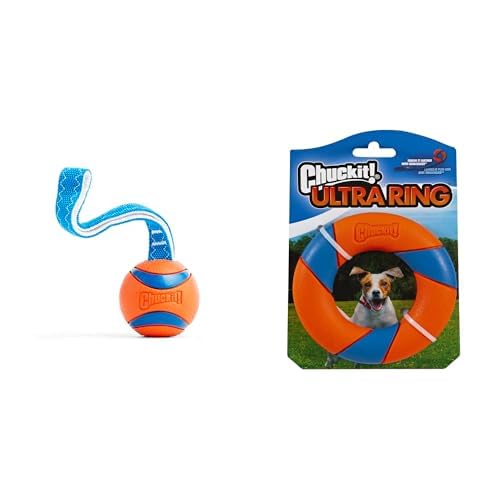 Chuckit Ultra Tug Dog Toy Large 3-inch Ball with Nylon Handle for Dogs 60-100 lbs UltraRing Fetch Toy