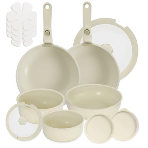 La mejor selección de Sartenes y ollas al mejor precio. 48 Bateria de Cocina,Sartenes Antiadherentes,Juego de ollas y sartenes 15 Piezas,mango desmontable,Juego de Utensilios de Cocina de Inducción de Color Blanco