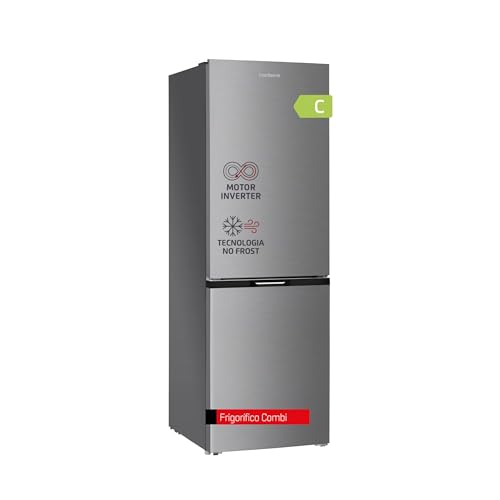 Corberó - Frigorífico Combi No Frost | CCH18584NFX | 327L | 67,2x60x185,5 | Luz LED | Crisper | Balcones Ajustables | Estantes de Cristal | Hueveras | Cubiteras | 39 Db | Inox