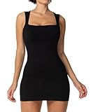 Sunzel Women's Sexy Square Neck Dress Ribbed Sleeveless Cute Tank Top Party Club Seamless Bodycon Short Mini Casual Dresses Black