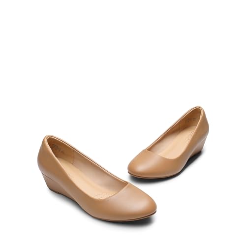 DREAM PAIRS Women's Debbie Mid Wedge Heel Pump Shoes,Size 5,Nude/PU,Debbie