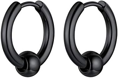 Mens Hoop Earrings With Balls,Surgical Steel Black Circle Beads Ball Hoop Earrings Cartilage Huggie Hinged Biker Hoop Earrings for Men Women,Hypoallergenic for Sensitive Ears