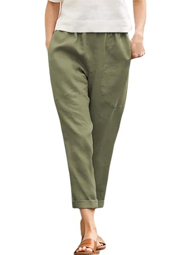 Langwyqu Womens Casual Cotton Tapered Capri Cargo Pants Loose Elastic Waist Ankle Cropped Trouser with Pockets