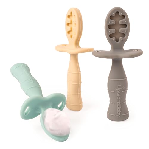 Image of Upward Baby 3 pack Silicone Baby Feeding Spoon with Anti Choke Barrier - Baby Spoons Self Feeding 6 Months - First Stage Infant Supplies and Toddler Utensils - Baby Led Weaning Soft-Tip Training Spoon