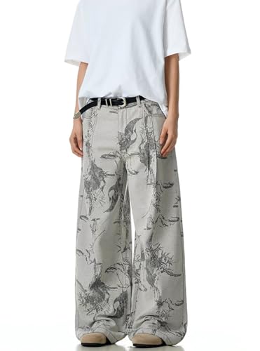 Baggy Jeans for Men Women Y2K Floral Wide-Leg Retro Distressed Grey Cargo Pants Casual Fashion Harajuku Streetwear4